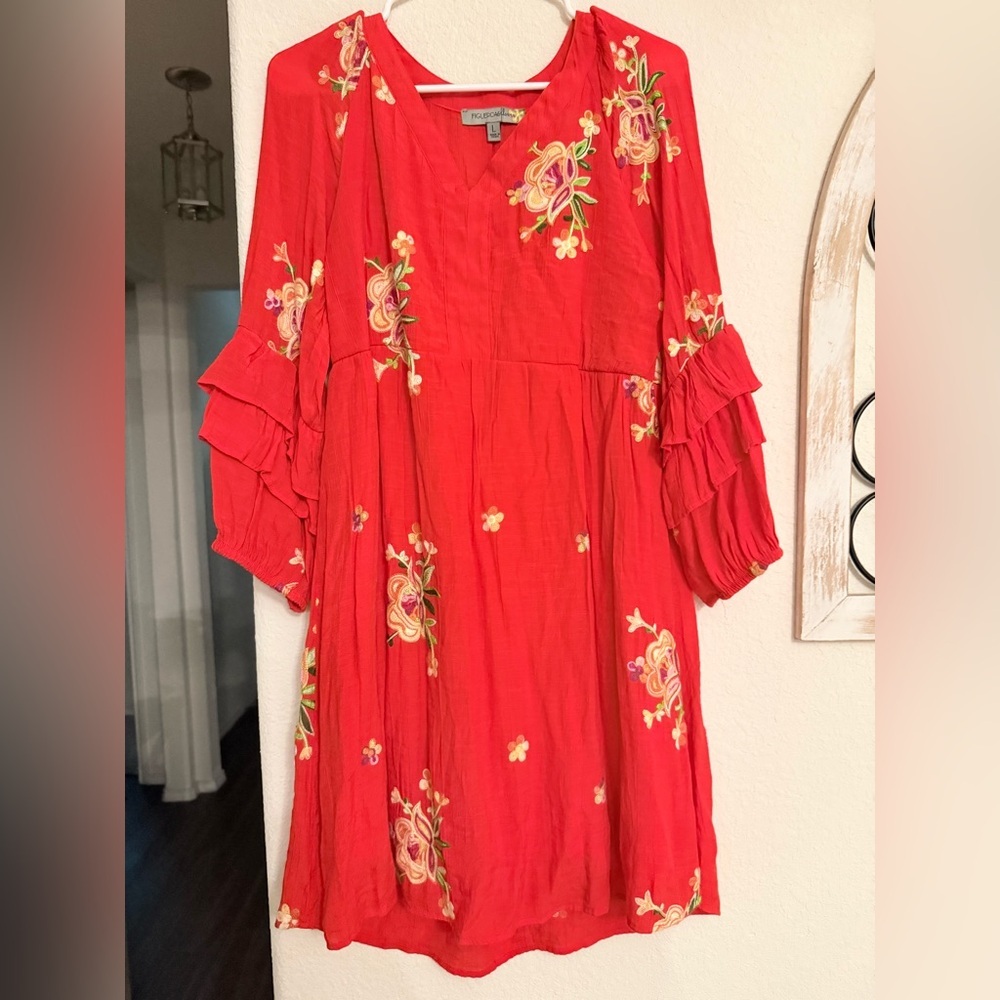 Figueroa & Flower Women's Floral Embroidered Boho Red Long Sleeve Dress size L